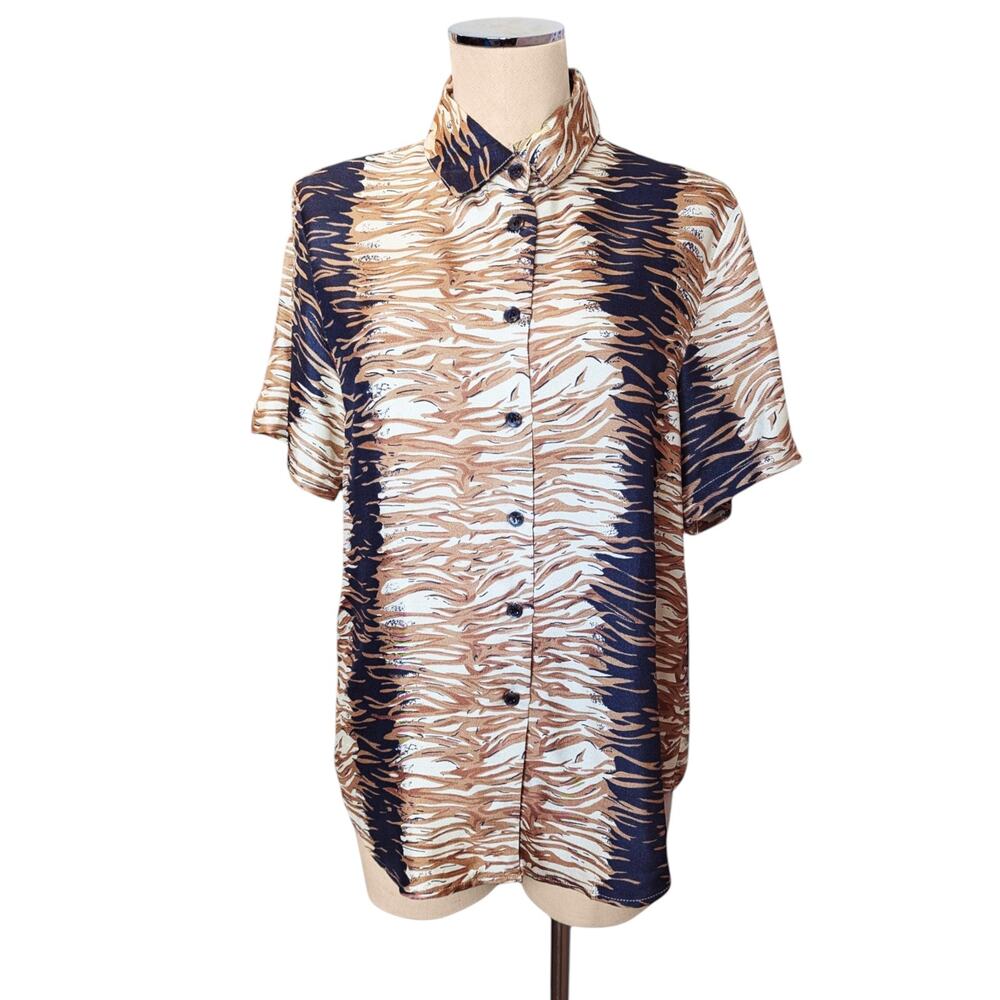 New KUNTO Printed Short Sleeve 100% Silk Button Up Shirt XL